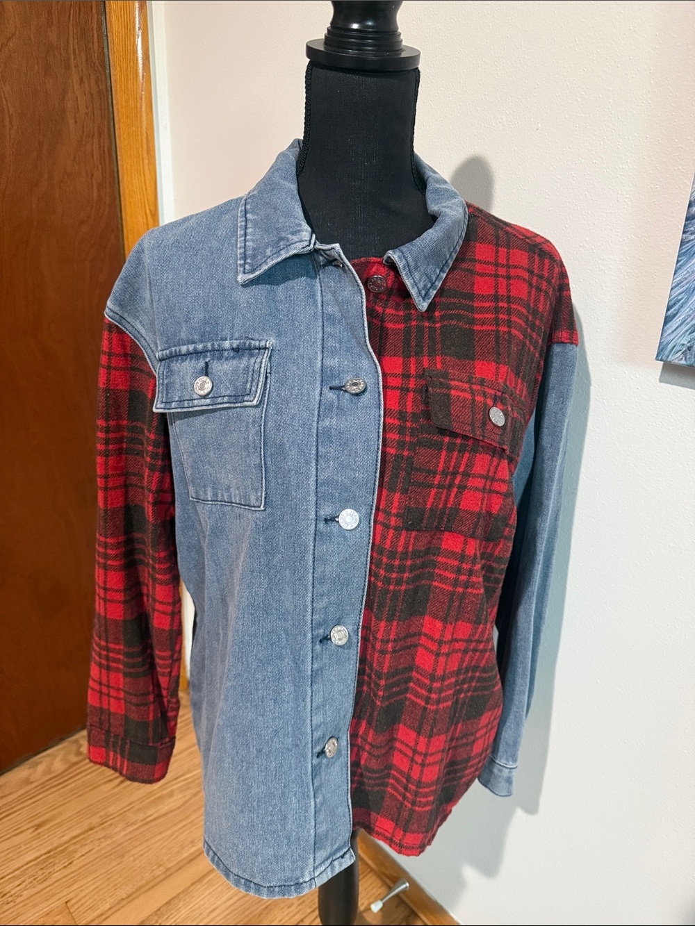 ANDREE BY UNIT Denim & Red Flannel Mixed-Media Jacket